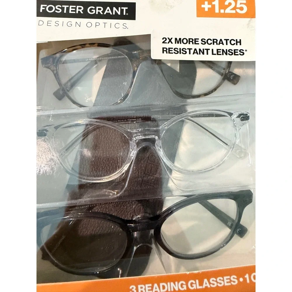 Foster Grant Design Optics Reading Glasses 3-Pack with Case +1.25 Unisex NIB